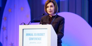 Prezydentka Mołdawii Maia Sandu podczas EU Budget Conference, 29 kwietnia 2024 roku, aut. @sandumaiamd z platformy X.